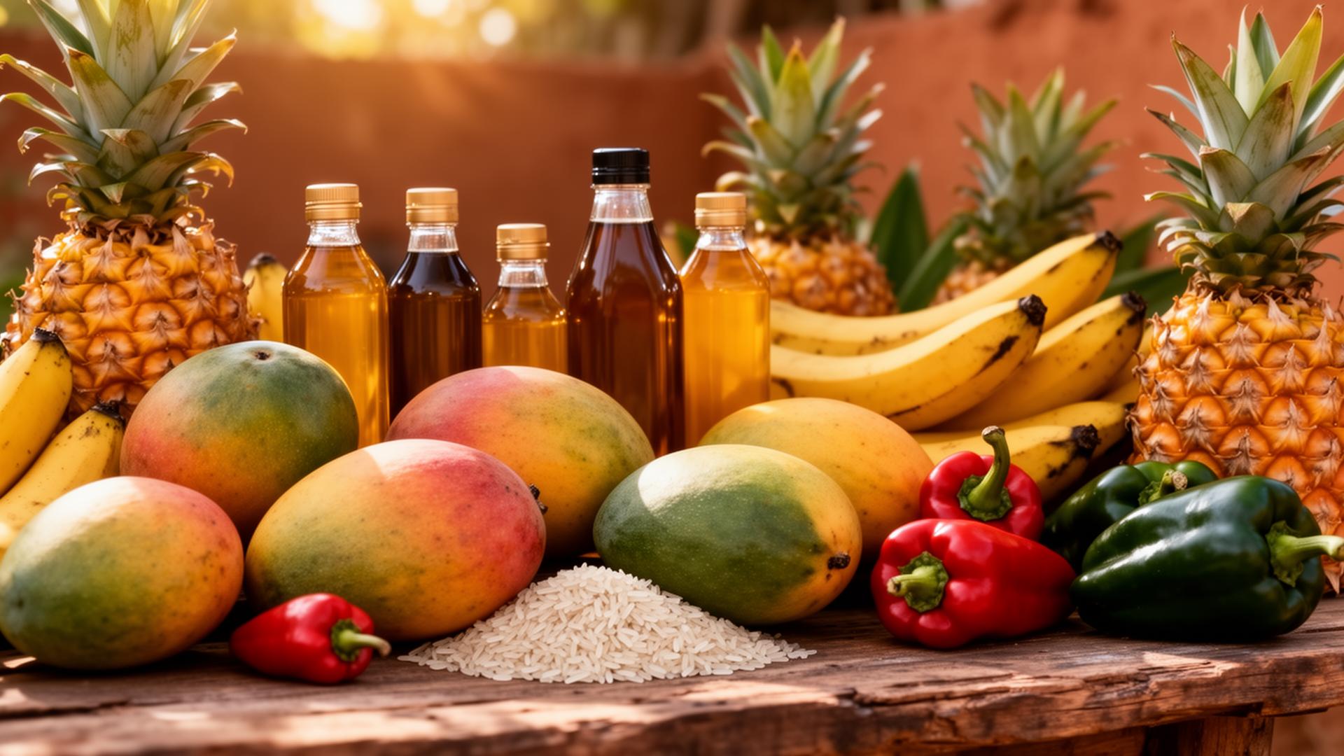Produits guinéens : mangues, ananas, plantains, huile de palme